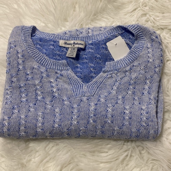 Tommy Bahama Linen Cable Knit Side Slits Sweater Women’s Blue Size L - Picture 1 of 9
